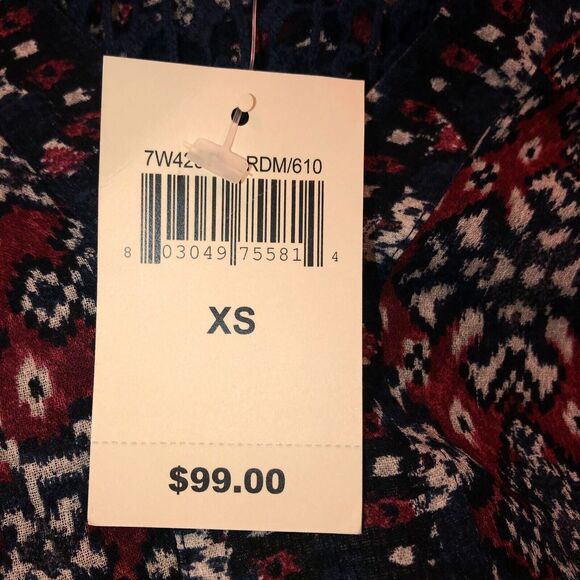 LUCKY BRAND Womens Top BOHO Peasant Navy Crochet Long Sleeve Button Cuff XS - Picture 6 of 8